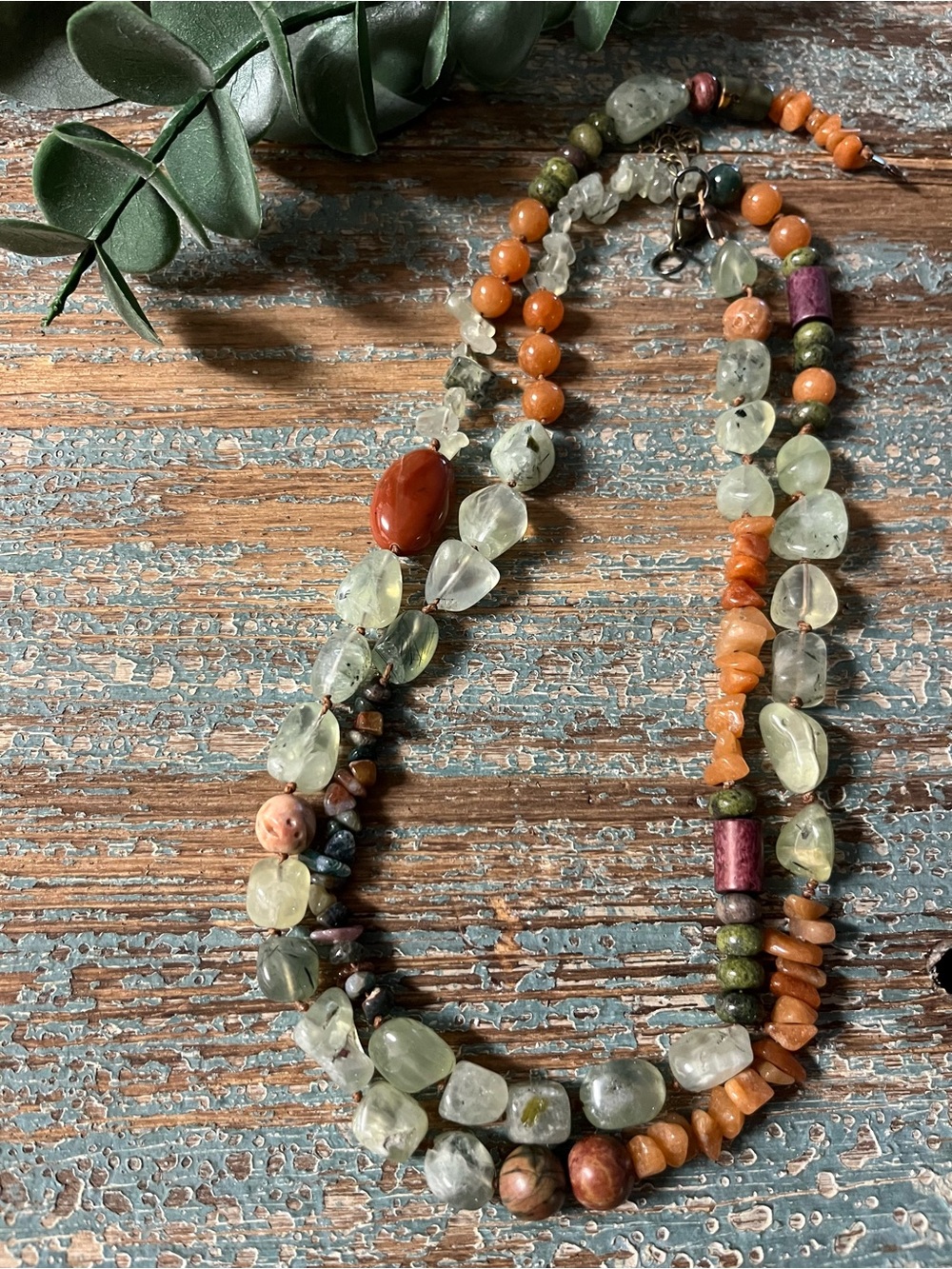 Handmade Multicolor Gemstone layered  Necklace — Orange & Green Gemstones